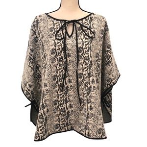 1975 DIMENSION V NECK SIDE TIE CREAM/BLACK PONCHO WITH FAUX LEATHER TRIM